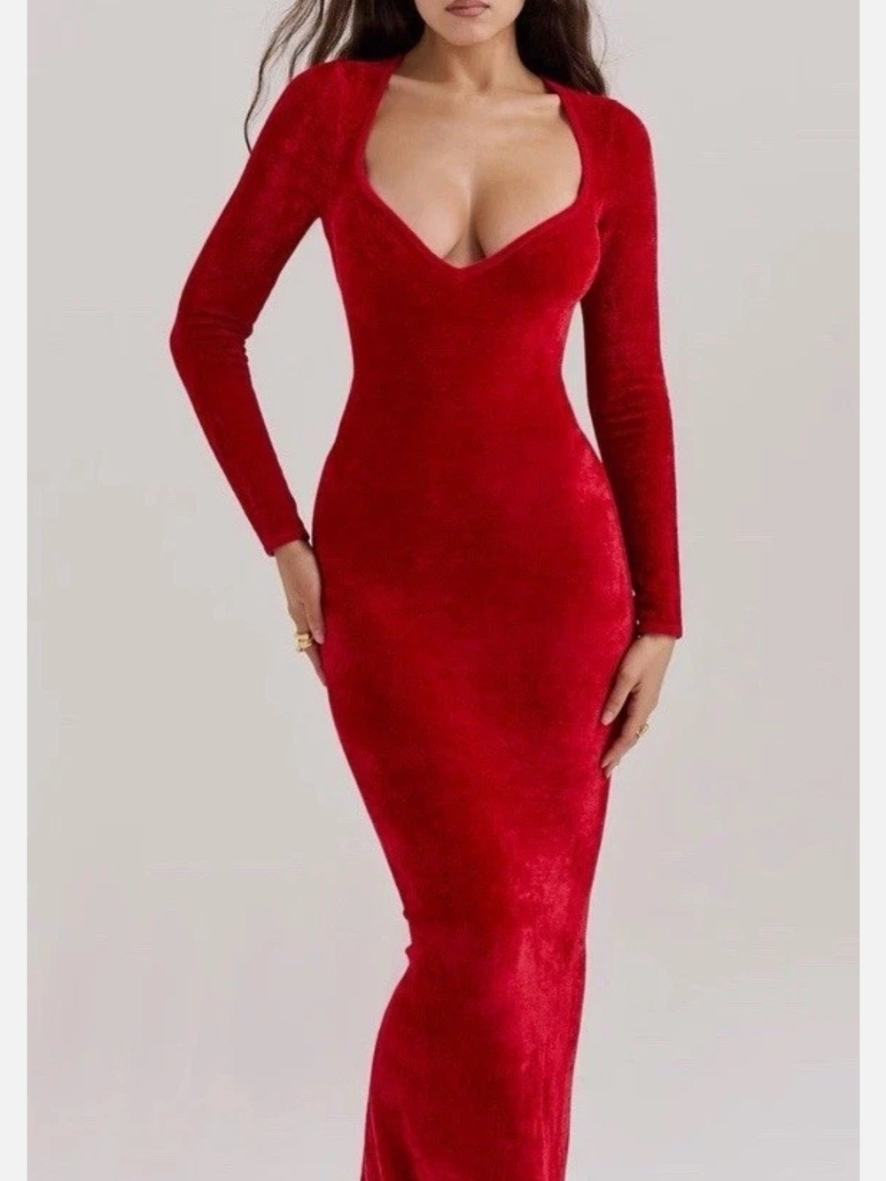 House of CB Red Long Sleeve V-Neck Bodycon Maxi Dress